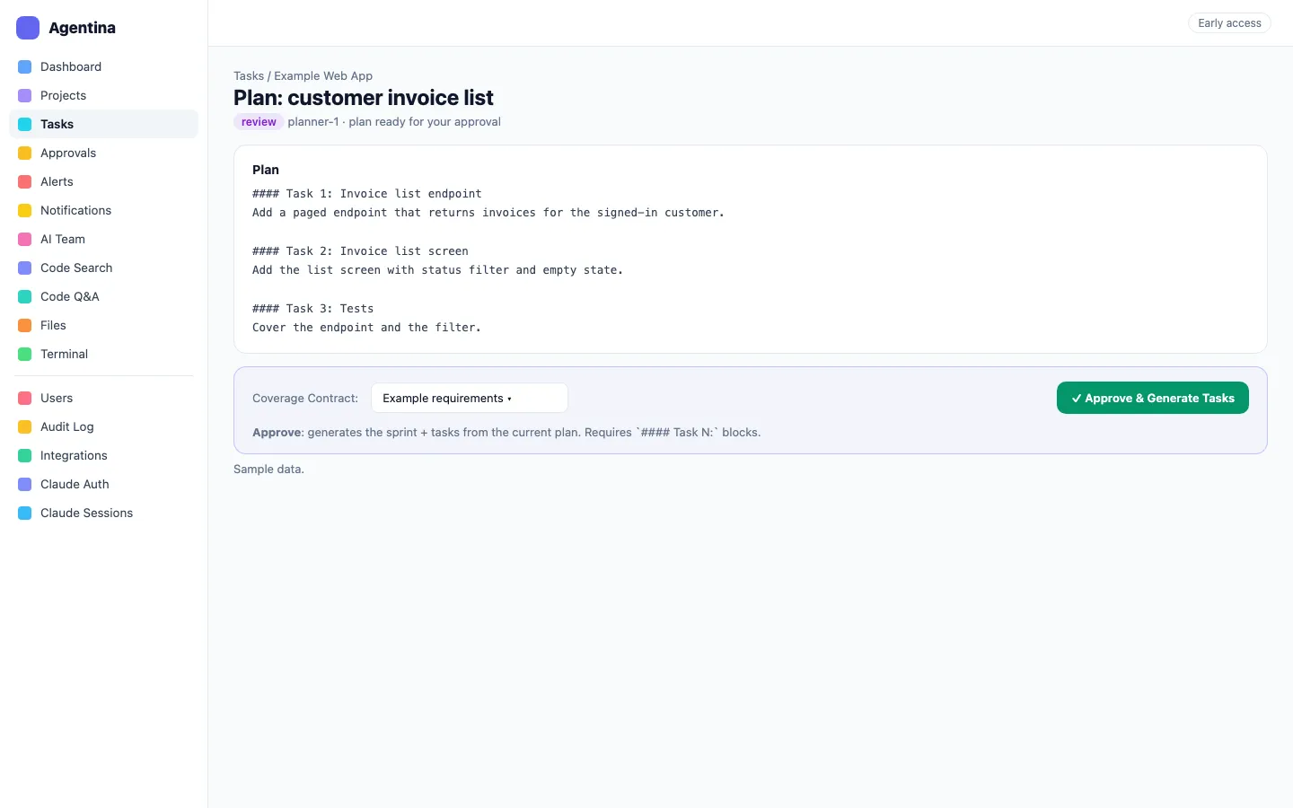 Agentina Builder plan approval: a plan with task blocks and the Approve and Generate Tasks button, in sample data