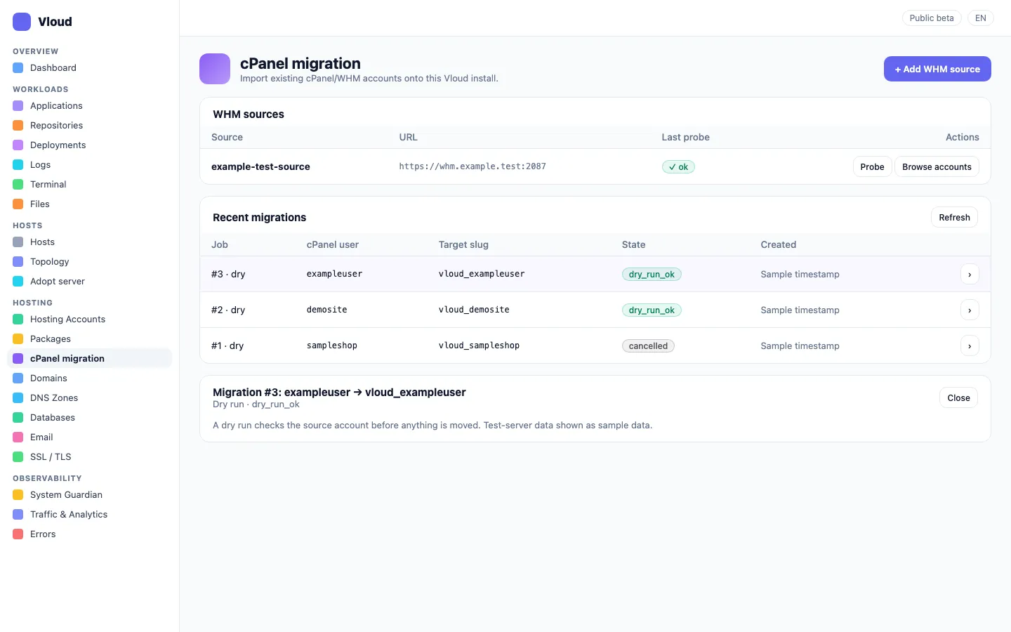 Vloud: الانتقال من cPanel · تشغيل تجريبي على مصدر مثال · معاينة للواجهة مبنية من مصدر المنتج، بيانات تجريبية
